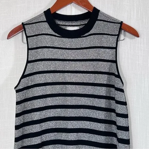 Eci Nee York Black Silver Metallic Sparkle Striped Knit Sleeveless Dress Sz M - Picture 4 of 13